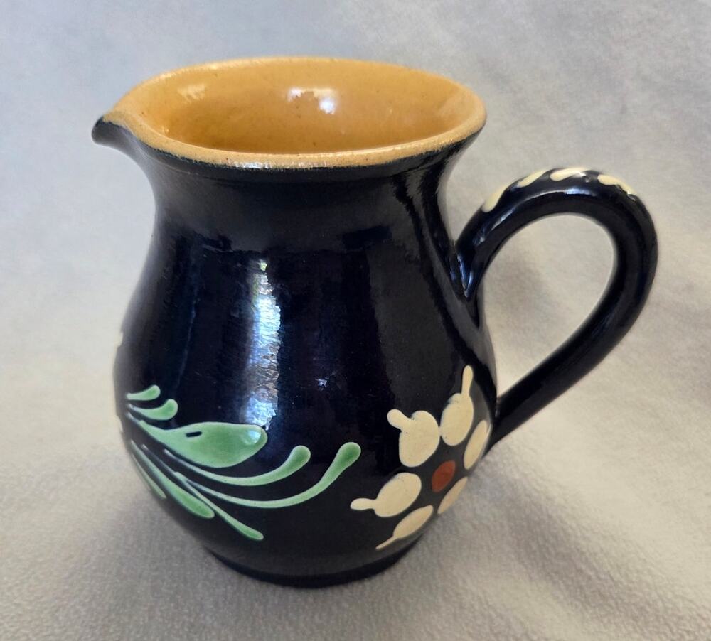 Vtg French Dark Blue Pottery Creamer Pitcher Floral Vase Blue White France